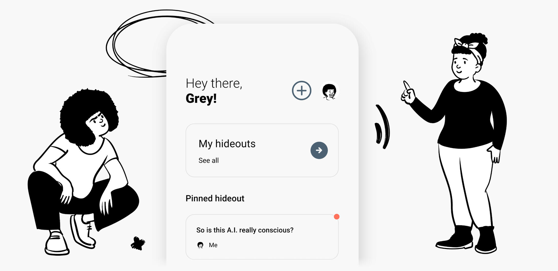 Two people--one sitting on the ground and one sitting in a wheelchair--posing next to an image of a phone with the Hideout app on the screen. The background is filled with sketches of stars, arrows, swirls and rainbows in black and white.