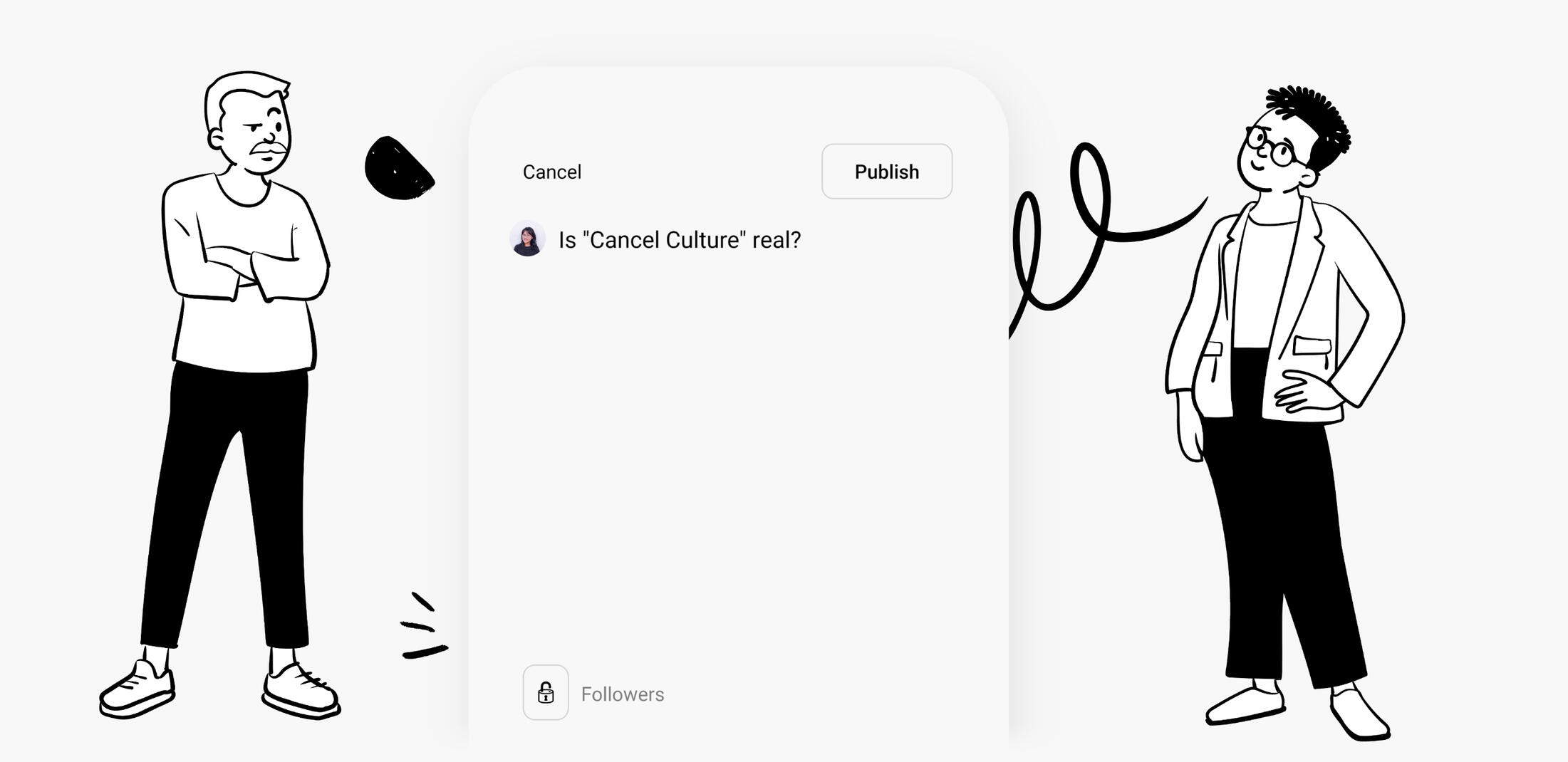 Two people--one sitting on the ground and one sitting in a wheelchair--posing next to an image of a phone with the Hideout app on the screen. The background is filled with sketches of stars, arrows, swirls and rainbows in black and white.