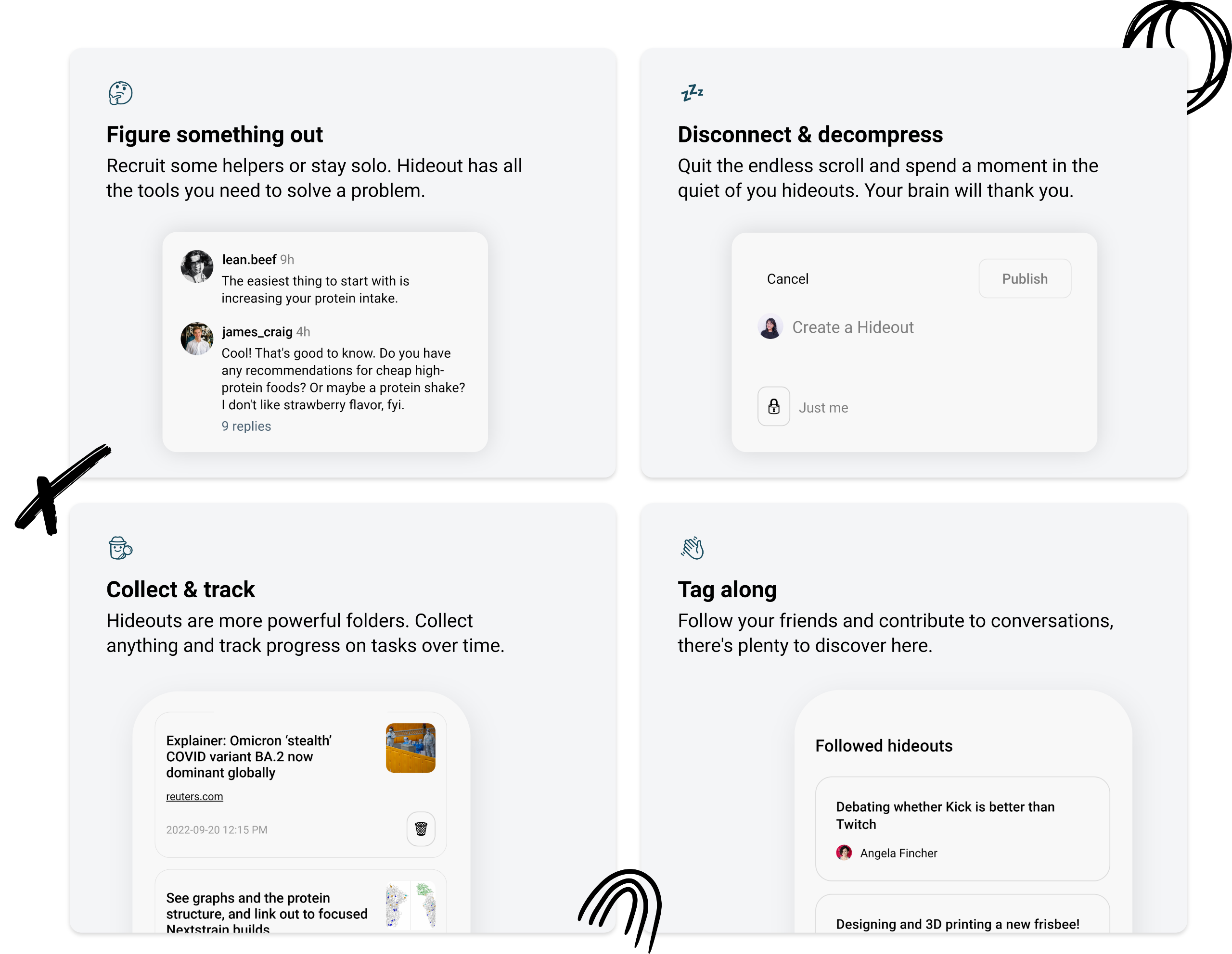 Two people--one sitting on the ground and one sitting in a wheelchair--posing next to an image of a phone with the Hideout app on the screen. The background is filled with sketches of stars, arrows, swirls and rainbows in black and white.
